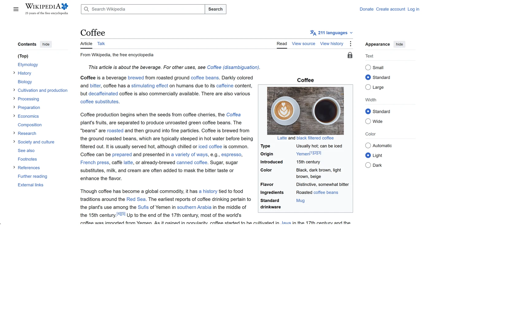 A Wikipedia article shown in its original light colors